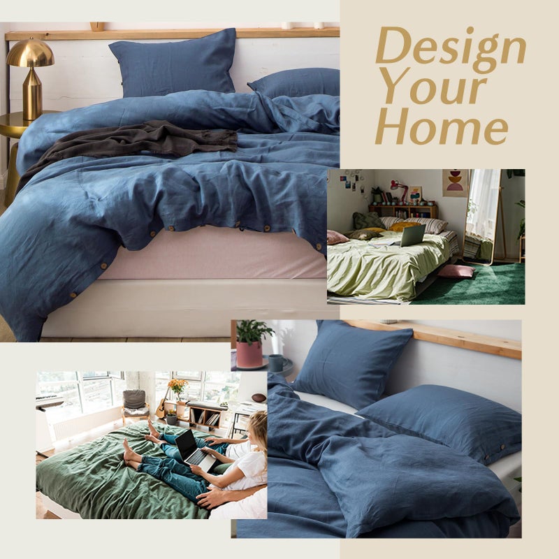Simple&Opulence 100% Linen Duvet Cover Set, 3 Pieces Belgian Flax Breathable Bedding, 1 Comforter Cover+2 Pillowshams with Coconut Button Closure(Queen,Classic Blue) - Image 5